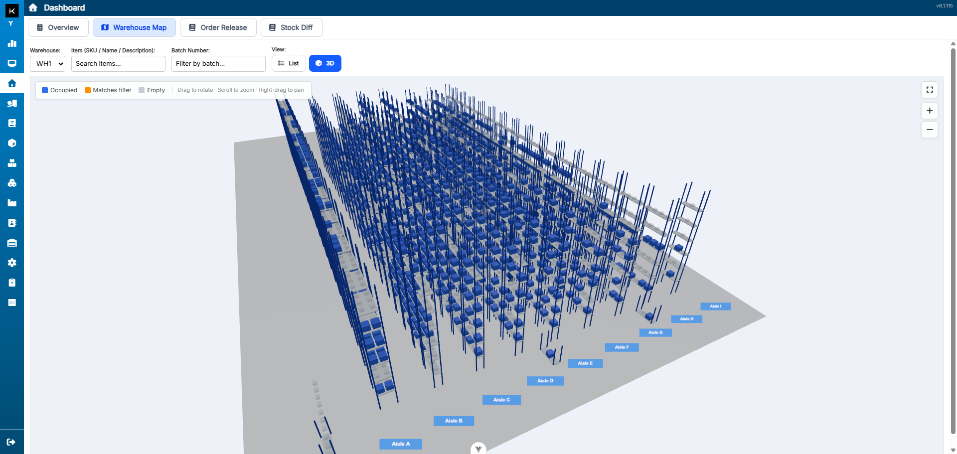 K-Store Virtual Warehouse digital twin showing warehouse aisles and occupied storage locations in 3D