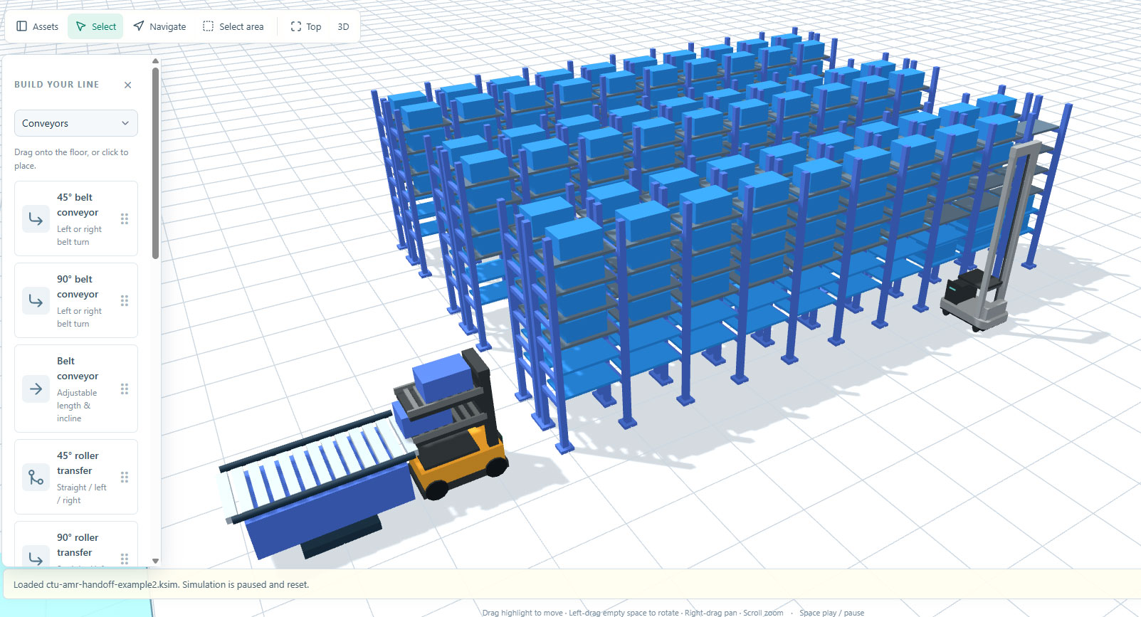 Virtual Warehouse example with tote storage racks, an AMR, a roller conveyor and a CTU lifting unit