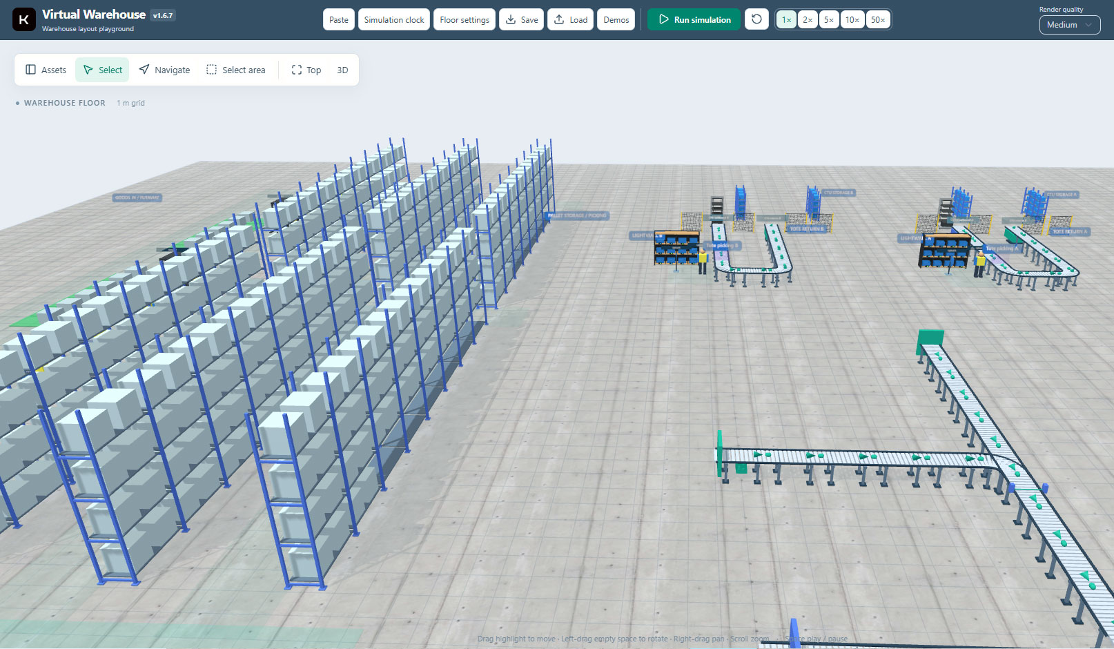Virtual Warehouse 3D layout with pallet racking, conveyor routes and tote picking areas